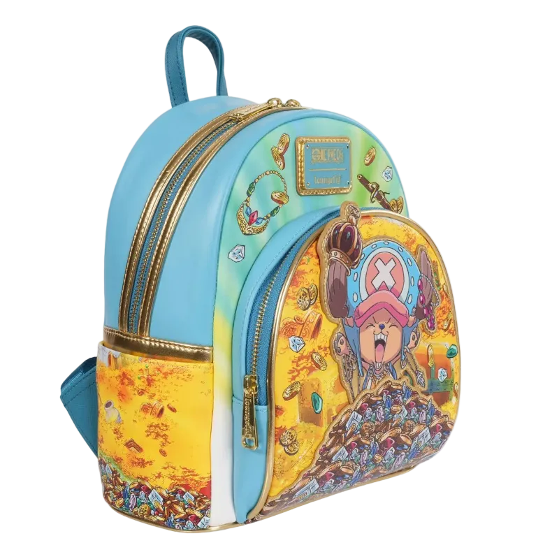 Colorful backpack with cartoon character design on a white background
