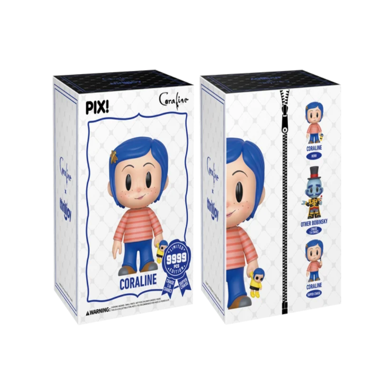 Two views of a Coraline collectible figure mystery box by PIX!, showing the front and side panels with character artwork and a zipper detail on a white background.