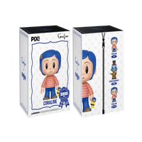 Two views of a Coraline collectible figure mystery box by PIX!, showing the front and side panels with character artwork and a zipper detail on a white background.