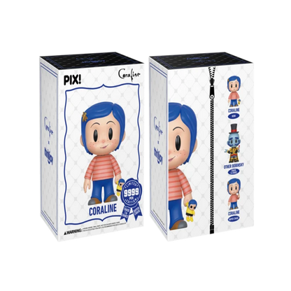 Two views of a Coraline collectible figure mystery box by PIX!, showing the front and side panels with character artwork and a zipper detail on a white background.