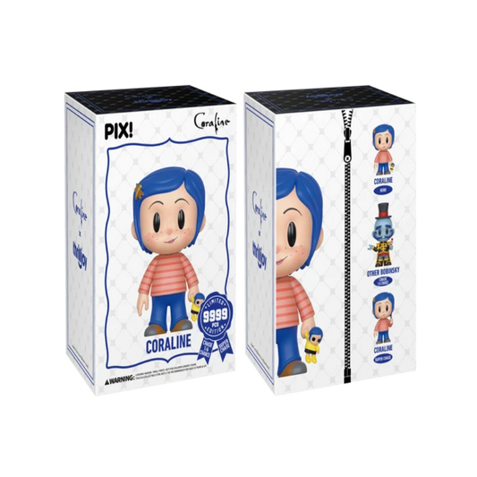 Two views of a Coraline collectible figure mystery box by PIX!, showing the front and side panels with character artwork and a zipper detail on a white background.