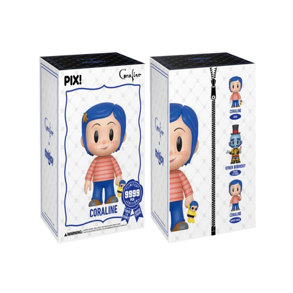 Two views of a Coraline collectible figure mystery box by PIX!, showing the front and side panels with character artwork and a zipper detail on a white background.