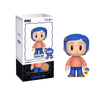 Pix! Coraline collectible figure shown next to its retail box on a plain white background. The figure has bright blue hair, a pink-and-white striped shirt, blue pants, and holds a small yellow-and-blue character.