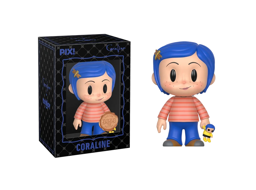 Pixi Coraline collectible figure shown next to its black patterned packaging box on a plain white background.