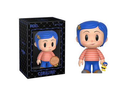Pixi Coraline collectible figure shown next to its black patterned packaging box on a plain white background.