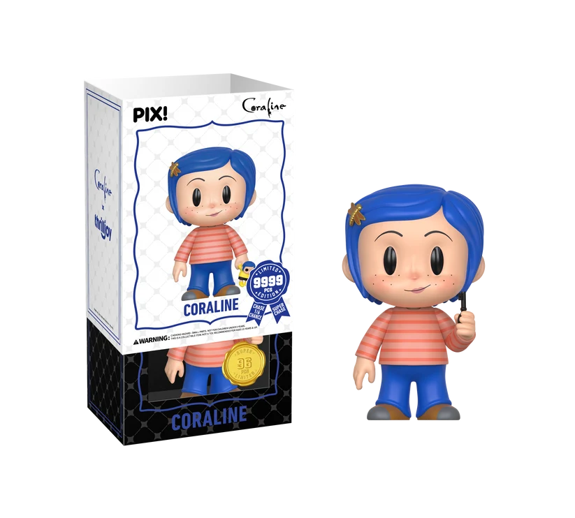 Pix! Coraline collectible figure shown next to its retail box on a plain white background. The figure has bright blue hair, a pink-and-white striped shirt, and blue pants, while the packaging displays Coraline's illustration and a 999th anniversary badge.