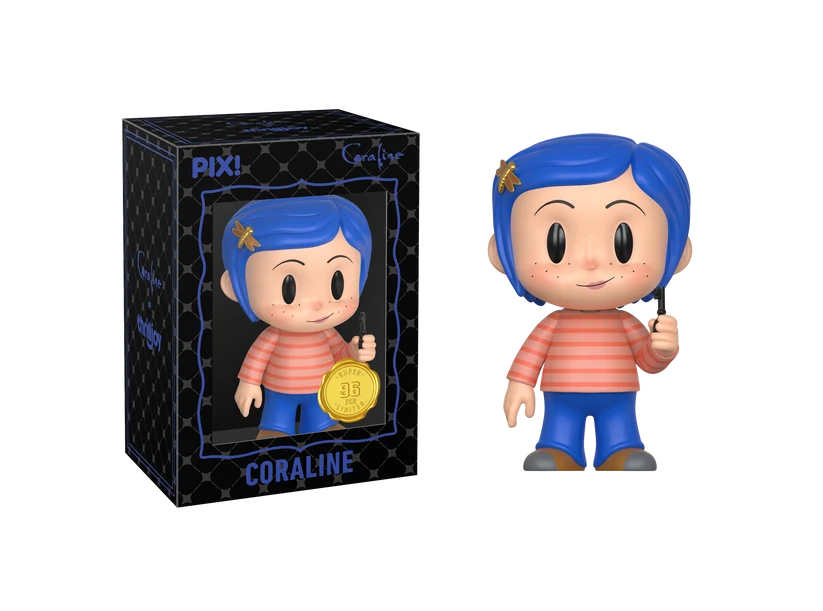 Pixi Coraline collectible figure shown next to its black patterned packaging box on a plain white background.