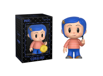 Pixi Coraline collectible figure shown next to its black patterned packaging box on a plain white background.