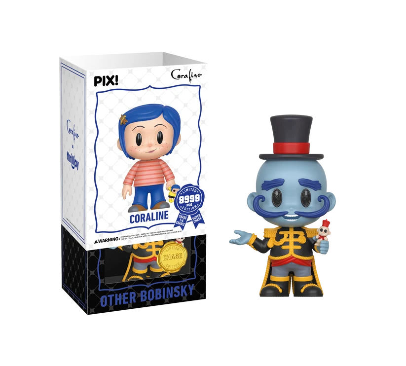 Pix! Coraline Other Bobinsky collectible figure shown next to its retail box on a plain white background. The figure has blue skin, a black top hat with a red band, a black and gold outfit, and holds a small red-and-white flower.