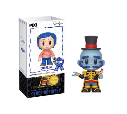 Pix! Coraline Other Bobinsky collectible figure shown next to its retail box on a plain white background. The figure has blue skin, a black top hat with a red band, a black and gold outfit, and holds a small red-and-white flower.