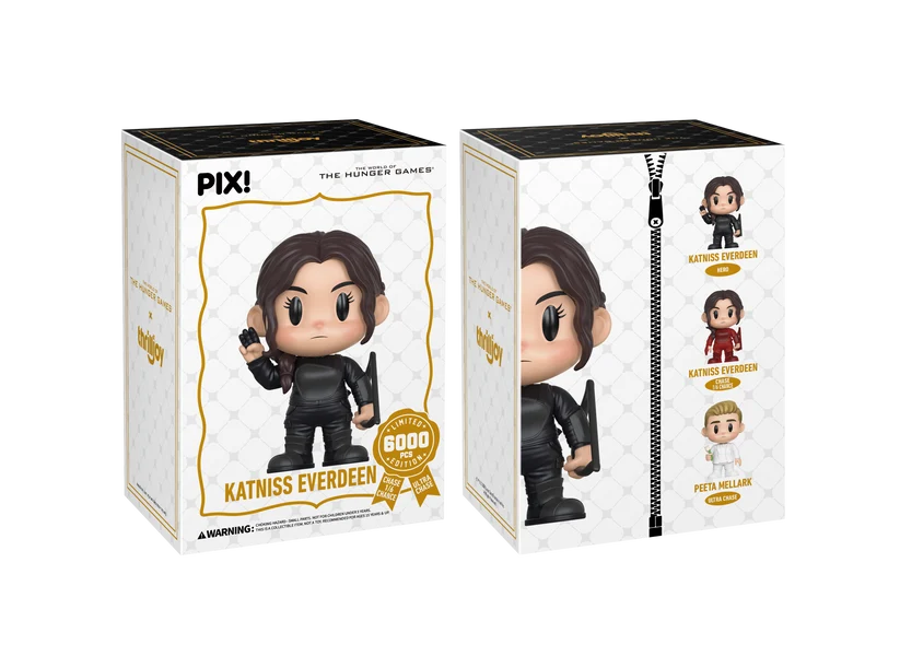 PIX! Katniss Everdeen outer sleeve box, front and back; the back shows black-suit Katniss, red-suit Katniss and white-suit Peeta Mellark figures.