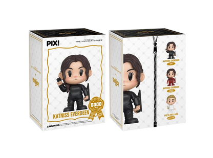 PIX! Katniss Everdeen outer sleeve box, front and back; the back shows black-suit Katniss, red-suit Katniss and white-suit Peeta Mellark figures.