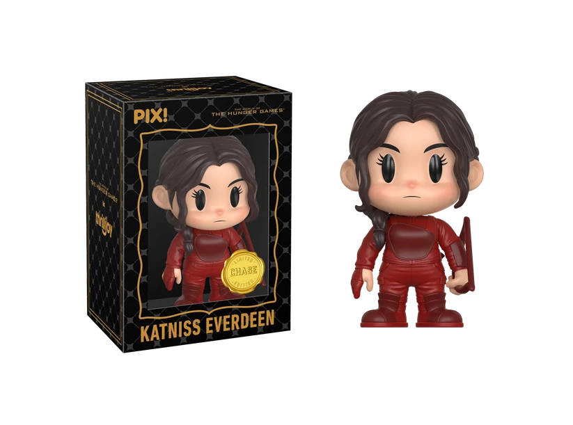 PIX! Katniss Everdeen chase figure in a red suit with a side braid and a red bow, next to her black window box.