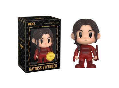 PIX! Katniss Everdeen chase figure in a red suit with a side braid and a red bow, next to her black window box.