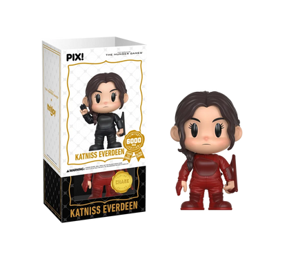 PIX! Katniss Everdeen chase figure in a red suit with a side braid and a red bow, beside her box with the white outer sleeve partly on.