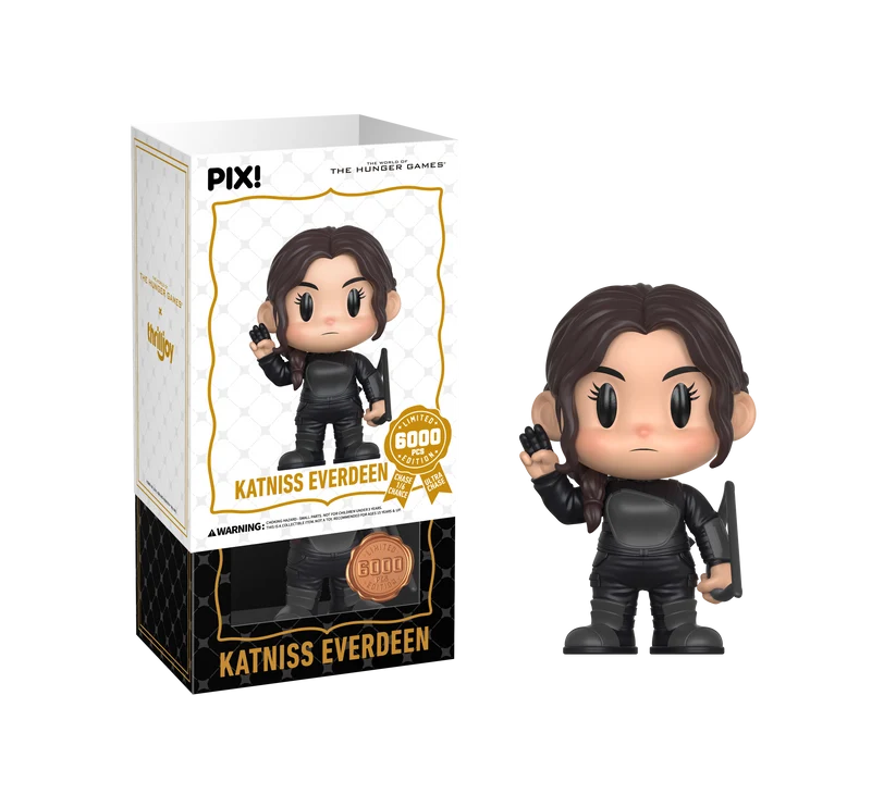 PIX! Katniss Everdeen vinyl figure in a black suit with a side braid, one hand raised and a bow at her side, beside her box and white outer sleeve.