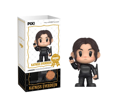 PIX! Katniss Everdeen vinyl figure in a black suit with a side braid, one hand raised and a bow at her side, beside her box and white outer sleeve.