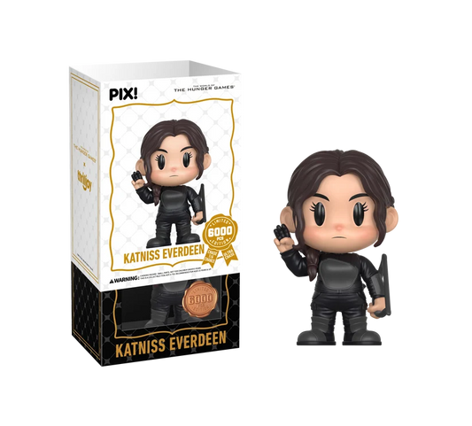 PIX! Katniss Everdeen vinyl figure in a black suit with a side braid, one hand raised and a bow at her side, beside her box and white outer sleeve.