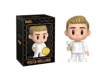 PIX! Peeta Mellark ultra chase figure in a white suit holding a white rose, next to his black window box.