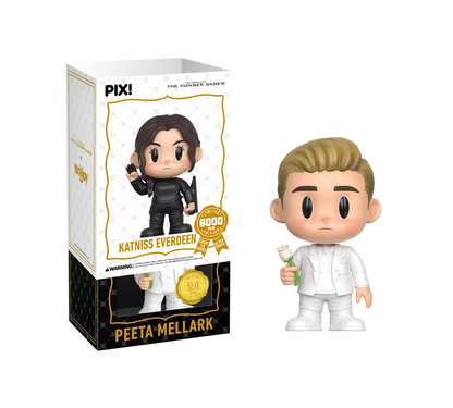 PIX! Peeta Mellark ultra chase figure in a white suit holding a white rose, beside his window box inside the Katniss Everdeen outer sleeve.