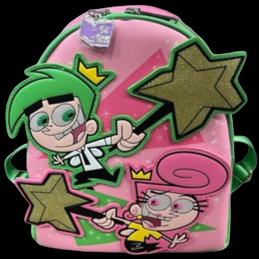 Pink backpack with cartoon character design featuring stars and a green hat.