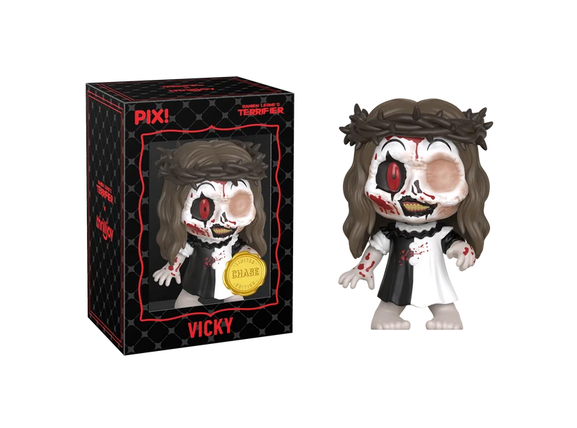 PIX! Vicky chase figure with a crown of thorns and disfigured face, standing next to her black window box labeled VICKY.