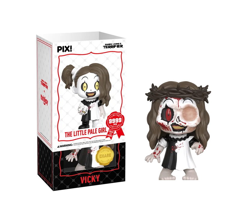 PIX! Vicky chase figure with a crown of thorns, disfigured face and blood-spattered dress, beside her box with the white sleeve slid partway off.