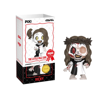 PIX! Vicky chase figure with a crown of thorns, disfigured face and blood-spattered dress, beside her box with the white sleeve slid partway off.