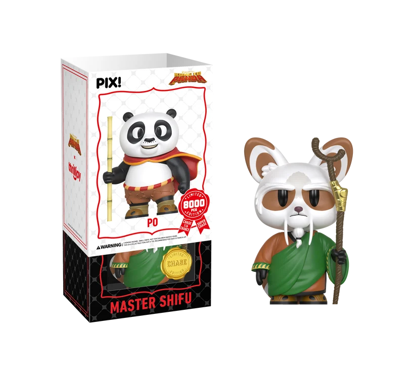 PIX! Master Shifu chase figure in a green robe holding a wooden staff, beside its black inner box with the white Po sleeve slid up.
