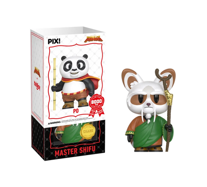 PIX! Master Shifu chase figure in a green robe holding a wooden staff, beside its black inner box with the white Po sleeve slid up.