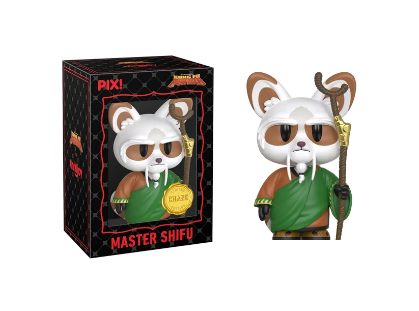 PIX! Master Shifu chase figure in a green robe holding a wooden staff, standing beside its black window box.