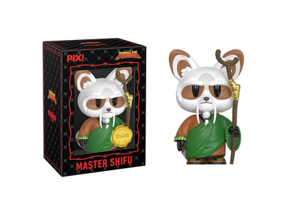 PIX! Master Shifu chase figure in a green robe holding a wooden staff, standing beside its black window box.