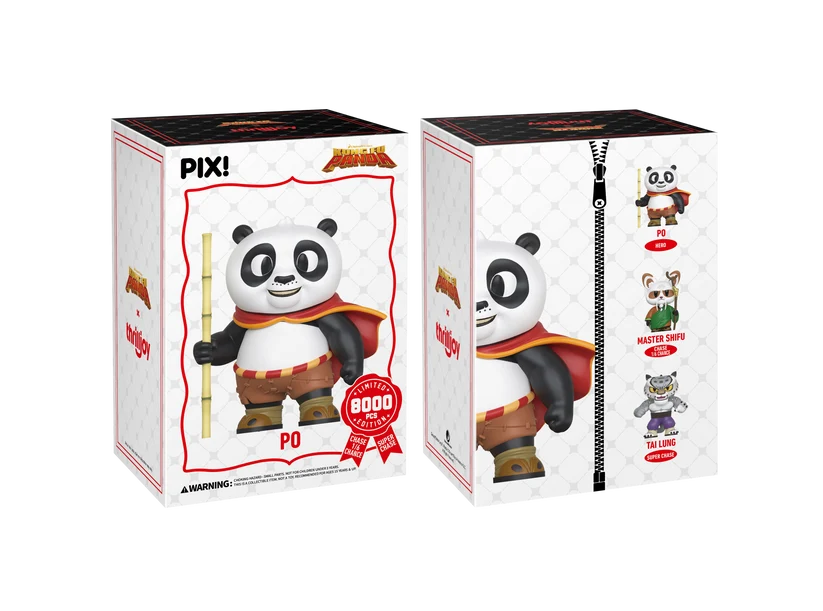 PIX! Po box sleeve shown front and back: Po holding a bamboo staff on the front, with Po, Master Shifu and Tai Lung pictured on the back.