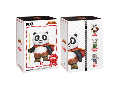 PIX! Po box sleeve shown front and back: Po holding a bamboo staff on the front, with Po, Master Shifu and Tai Lung pictured on the back.
