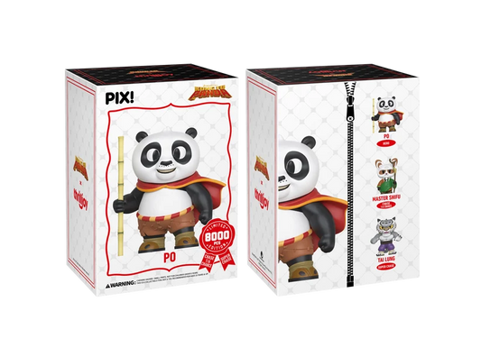 PIX! Po box sleeve shown front and back: Po holding a bamboo staff on the front, with Po, Master Shifu and Tai Lung pictured on the back.