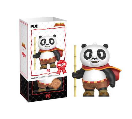 PIX! Po vinyl figure in a red cape holding a bamboo staff, beside its box with the white sleeve slid up over the black inner box.