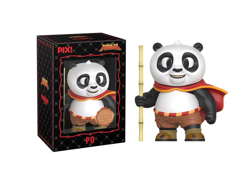 PIX! Po vinyl figure in a red cape holding a bamboo staff, standing beside its black window box.