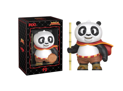 PIX! Po vinyl figure in a red cape holding a bamboo staff, standing beside its black window box.