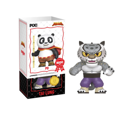 PIX! Tai Lung super chase figure, a snarling grey snow leopard in purple pants, beside its black inner box with the white Po sleeve slid up.