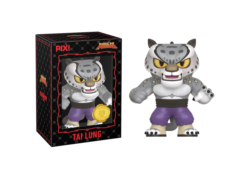 PIX! Tai Lung super chase figure, a snarling grey snow leopard in purple pants, standing beside its black window box.