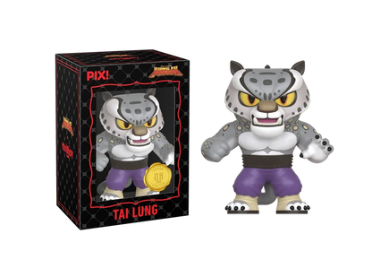 PIX! Tai Lung super chase figure, a snarling grey snow leopard in purple pants, standing beside its black window box.