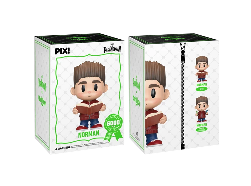 PIX! Norman packaging only, white outer box front and side: Norman reading an open book on the front, both figure variants on the side panel.