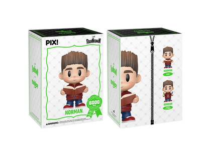 PIX! Norman packaging only, white outer box front and side: Norman reading an open book on the front, both figure variants on the side panel.