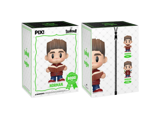 PIX! Norman packaging only, white outer box front and side: Norman reading an open book on the front, both figure variants on the side panel.