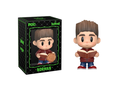PIX! Norman vinyl figure in a red jacket holding an open book, shown beside its black window box with the figure visible inside.