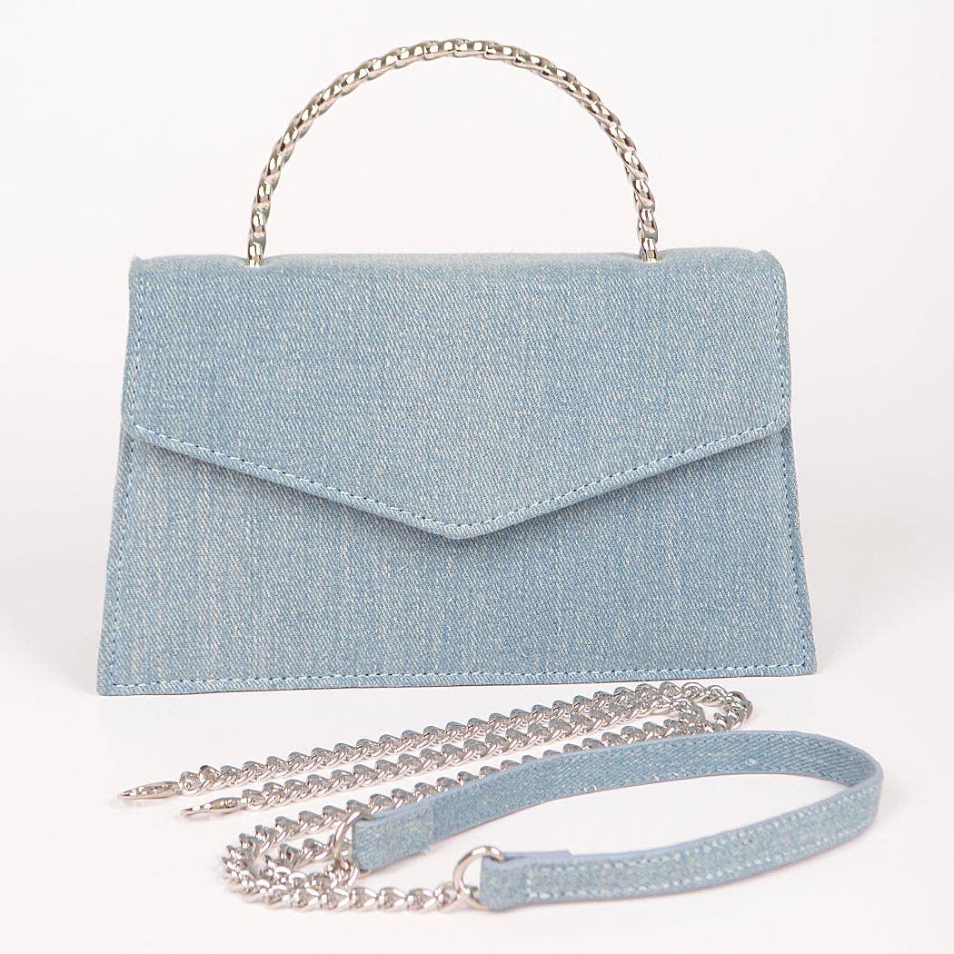 Denim Metal Handle Flap Clutch: LBL