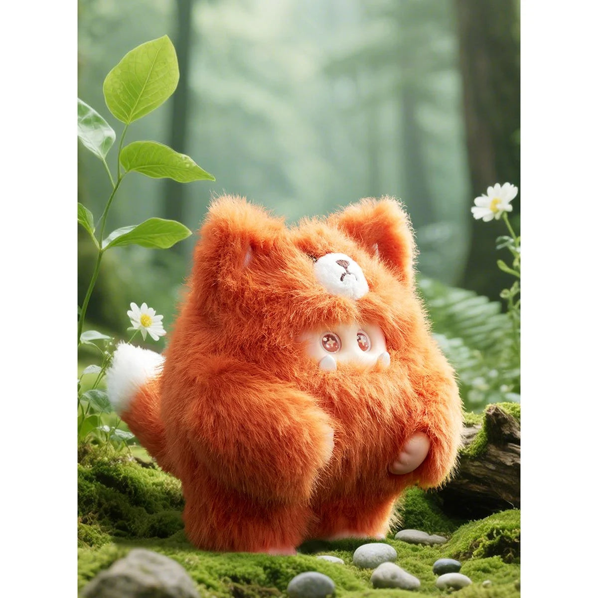 Plush toy resembling a fluffy creature in a forest setting