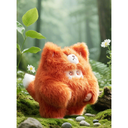 Plush toy resembling a fluffy creature in a forest setting