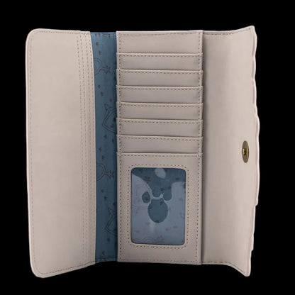 Beige wallet with blue interior and paw print design on a white background