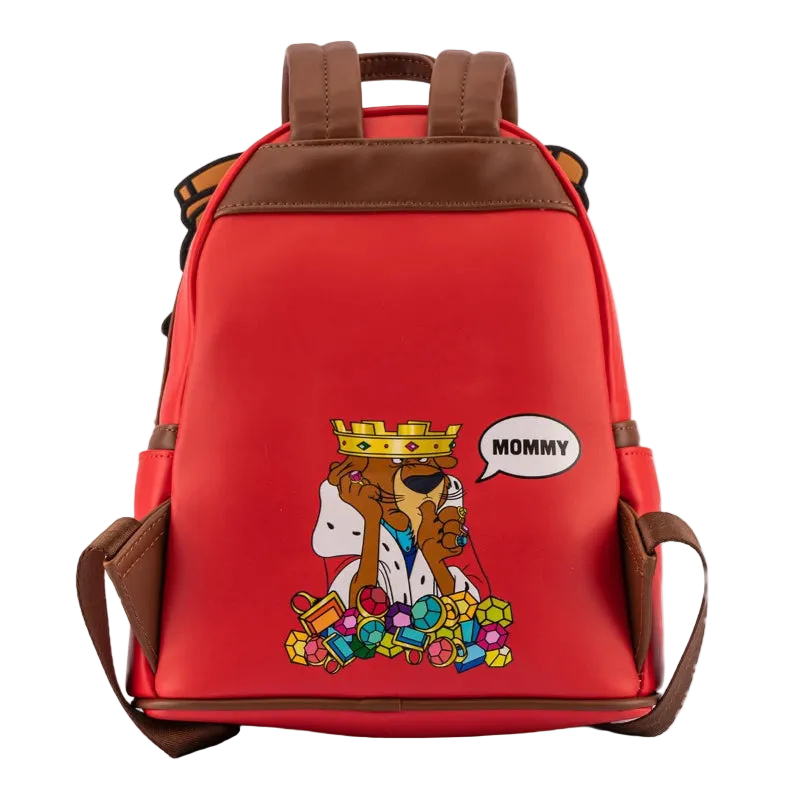 Red backpack with cartoon design and 'Mommy' speech bubble on a white background